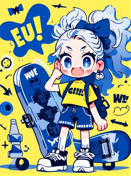 masterpiece, best quality,
cute doodle, 1girl, skateboard, shoes, shirt, shorts, long hair, blue shorts, yellow background, blue eyes, open mouth, print shirt, socks, white shirt, braid, short sleeves, backpack, sneakers, full body, standing, bow, looking at viewer, smile, solo, blush, twintails, hair bow, blush stickers, bag, black footwear, jewelry, white hair, english text, earrings
<lora:cutedoodle_XL-000012:0.8>