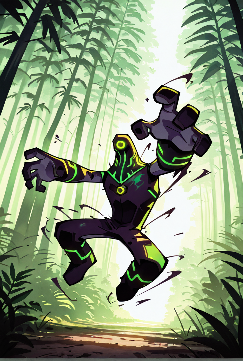 <lora:upgrade-08:1> upgrade, solo, no humans, neon trim, green strips, no humans,, dynamic pose,  <lora:sakfsdajfkasd:1> alpharecdyt, swinging through the city, jungle, trees,, masterpiece, best quality, amazing quality, very aesthetic, absurdres, newest,
