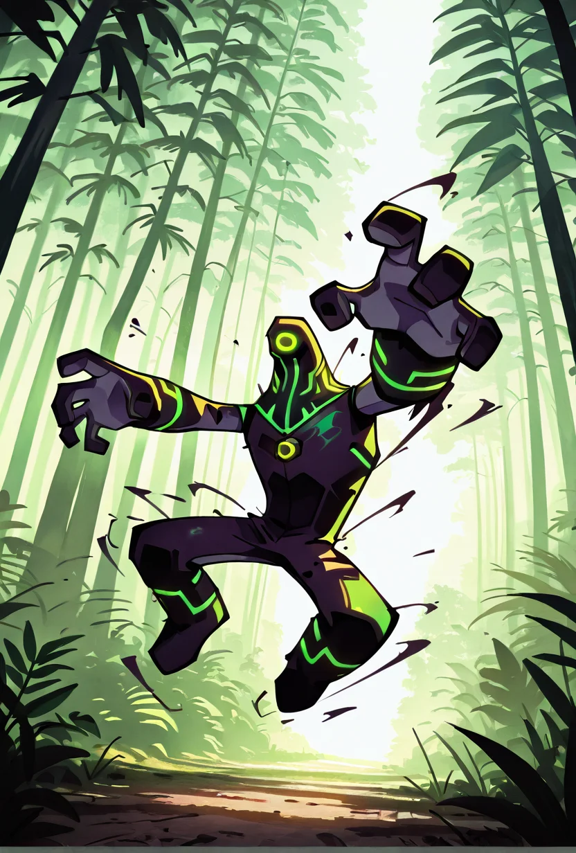 <lora:upgrade-08:1> upgrade, solo, no humans, neon trim, green strips, no humans,, dynamic pose, <lora:sakfsdajfkasd:1> alpharecdyt, swinging through the city, jungle, trees,, masterpiece, best quality, amazing quality, very aesthetic, absurdres, newest,