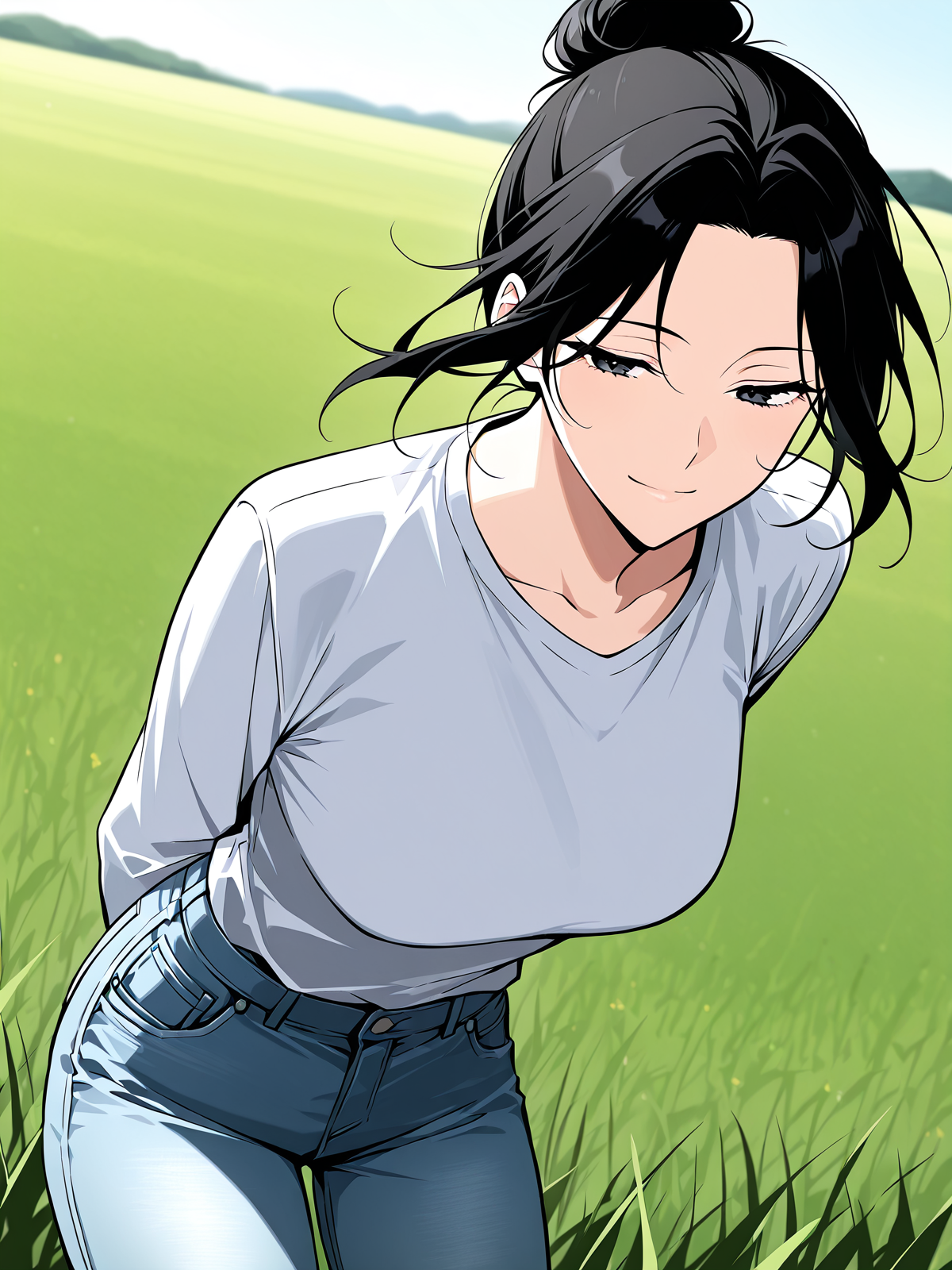 <lora:Omniscient_Readers_Viewpoint__Jung_Heewon:1>
1 girl, solo, black hair, long hair, black eyes, tied hair, hair bun,
white shirt, light blue jeans,
score_9, score_8_up, score_7_up, very aesthetic, source_anime, detailed, high quality, beautiful, masterpiece, detailed eyes, field, blurry background, pose dynamic angle, upper body, cowboy shot, light smile, floating hair, half-closed eyes, hands behind back, leaning forward, looking forward, looking at viewer