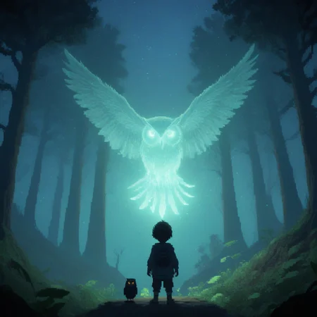 bosstyle, Pixel_Art, sss, translucent, subsurface scattering, silhouette of a little boy facing down a giant ethereal owl with medusa hair, snake hair owl, medusa owl, glowing, in a dark forest at night, milky way galaxy background, little boy, max details, cinematic colors
