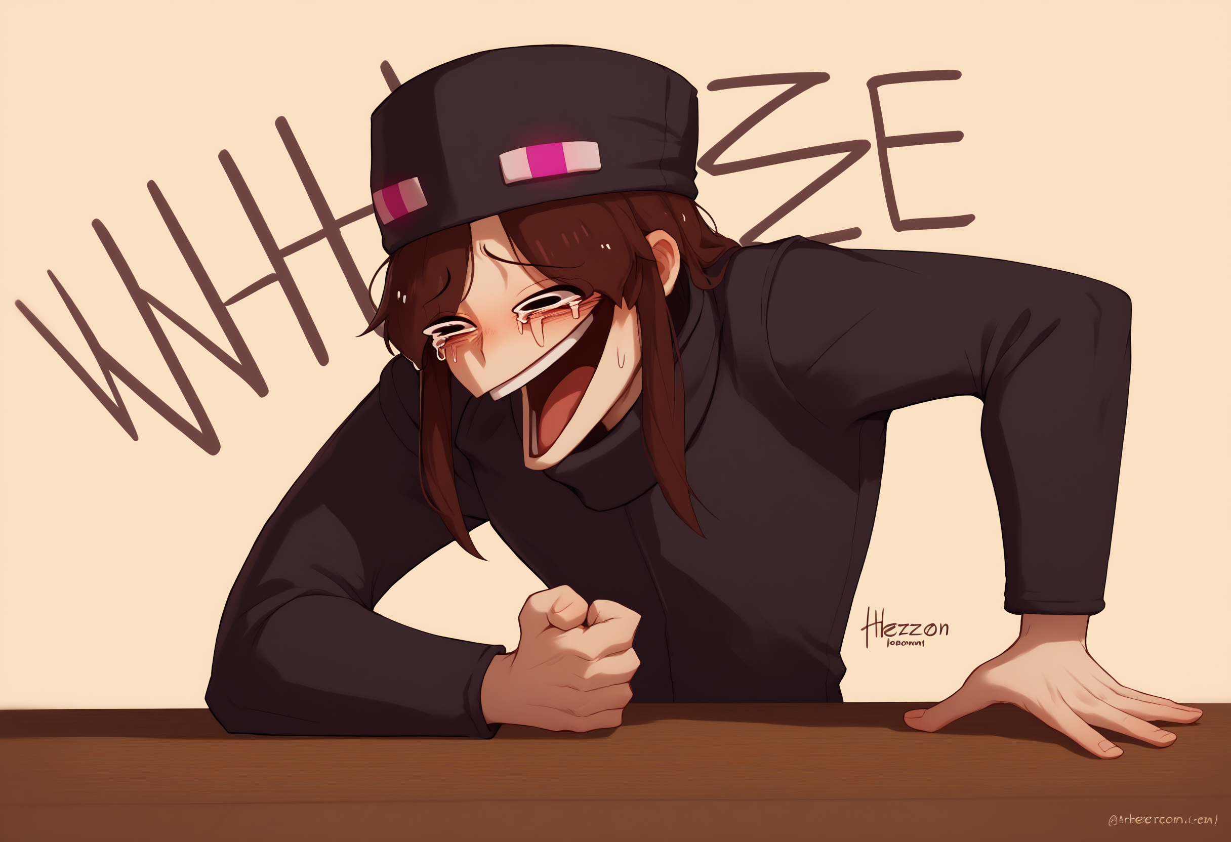 score_9, score_8_up, score_7_up, 1girl, Wheeze, open mouth, tears, laughing, <lora:Wheeze_XLPD:1>, hand on table, english text, clenched hand, <lora:Enderman_XLPD:1> Enderman-chan, black jacket, high collar, enderman hat,