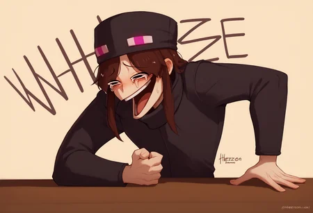 score_9, score_8_up, score_7_up, 1girl, Wheeze, open mouth, tears, laughing, <lora:Wheeze_XLPD:1>, hand on table, english text, clenched hand, <lora:Enderman_XLPD:1> Enderman-chan, black jacket, high collar, enderman hat,