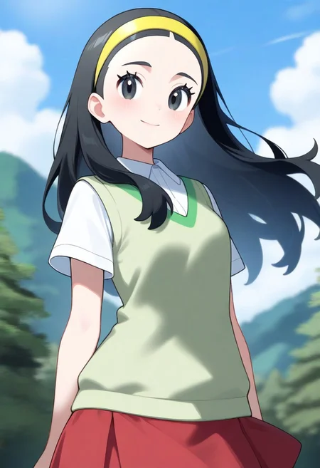 2d, masterpiece, best quality, amazing quality, highres, absurdres, newest, standing, smile, closed mouth, cowboy shot, upper body, sky, clouds, woods, nature, 1girl, solo, senpai, long hair, black hair, black eyes, yellow hairband, green sweater vest, short sleeves, beige sweater vest, red skirt, miniskirt,,masterpiece,best quality,newest,absurdres,highres,arms at side,