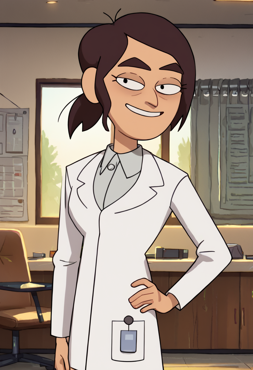 <lora:ReaganInsideJobPony1.0:1>reaganij, 1girl, short ponytail, solo, brown hair, labcoat, grey shirt, smile, indoors, thick eyebrows, looking at viewer, hand on own hip, cowboy shot,, score_9, score_8_up, score_7_up, score_6_up, score_5_up, score_4_up