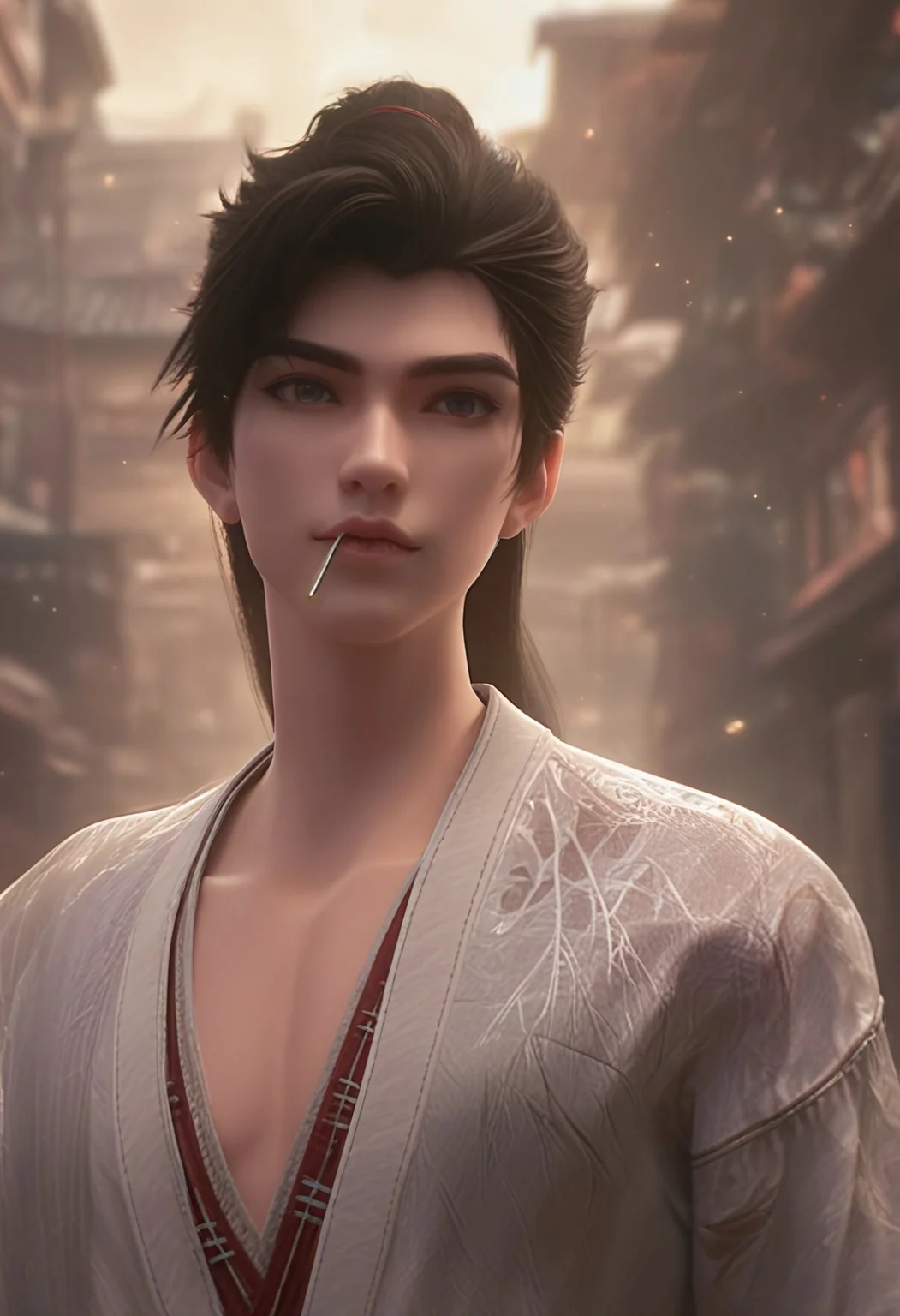 (score_9, score_8_up), score_7_up, shihao, solo,
hanfu_dress, ponytail, gray eyes,
on the street, wind, golden hour, ray of sunlight on his face, smile,
licks a lollipop,
studio photography of a young and beautiful man, natural appearance, Rembrandt lighting, cinematic light, photorealistic, extra detailed high quality, 32k, medium shot