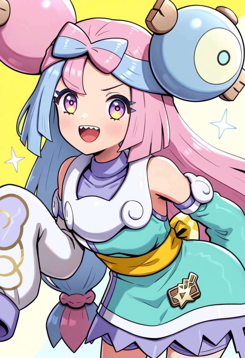 hinosaki, [[pokemoa, gonzarez]], 2d, masterpiece, best quality, amazing quality, 1girl, solo, close-up, standing, smile, upper body, leaning_forward, looking at viewer, multicolored background, sparkle, rainbow background, colorful background, electricity, sparks, sygiono, ex colors, purple hair, blue hair, purple eyes, bow-shaped hair, low-tied long hair, character hair ornament, purple shirt, sleeveless dress, two-tone dress, [white dress], (aqua dress), detached sleeves, aqua sleeves, white sleeves, white collar, bare shoulders, sleeves past fingers, oversized clothes, yellow sash, purple shorts