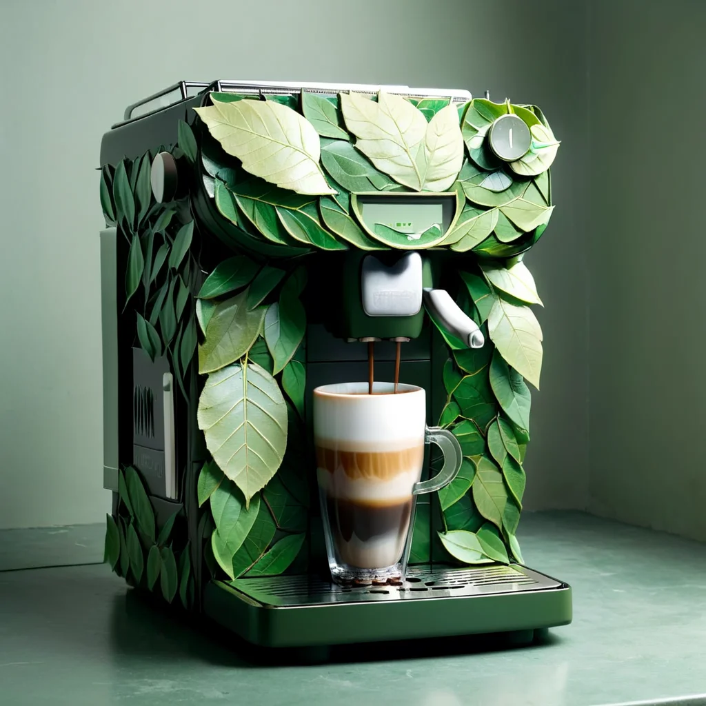 indoor, a coffee machine made out of leaves, <lora:LeafStyle:1>