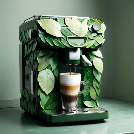 indoor, a coffee machine made out of leaves, <lora:LeafStyle:1>