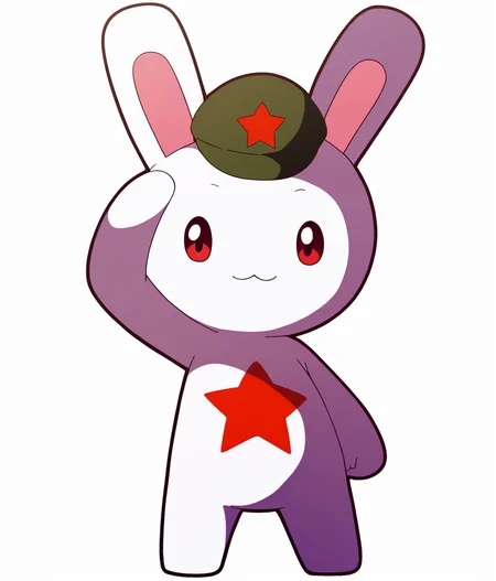 Score_9,score_8_up,score_7_up,score_6_up,score_5_up,score_4_up,source_anime,1girl,bunny,furry,solo,red eyes,:3,white skin,green hat,star hat ornament,red five-pointed star,chest tattoo,no humans,cuteg,cartoonized,looking at viewer,self-assurance,full body,salute,(white background:1.1),simple_background,<lora:Role_White_Rabbit:0.9>,