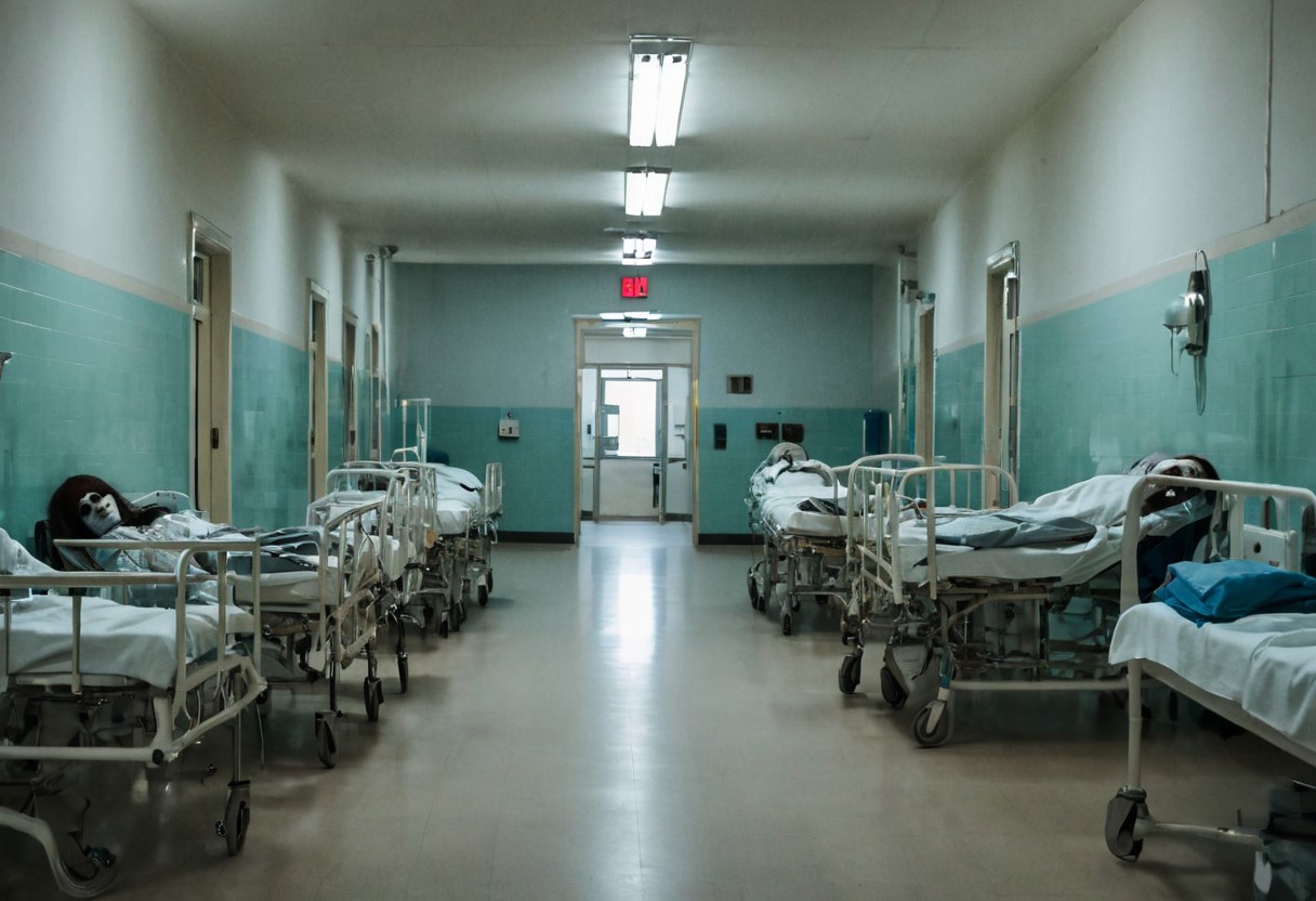 ab0m ((in a busy hospital during the day)), <lora:ab0m1-000002:1> , horror scene, glowing eyes, depth of field, extremely detailed, (((creepy))), (((scary)))