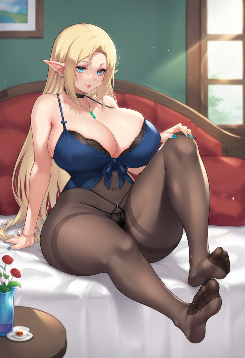 score_9, score_8_up, score_7_up, source_anime, 1girl, blonde hair, long hair, elf, blue eyes, necklace, choker, black lingerie, black underwear, pantyhose , huge breasts, thick thighs, wide hips, slender waist, foot focus, :o, sitting, indoors, feet, foot, raised legs, legs raised  <lora:Aster-Crowley-Style-PonyXL-Dora-final-000024:1>