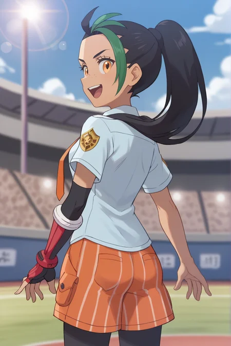 score_9, score_8_up, score_7_up, score_6_up, score_5_up, score_4_up, BREAK source_anime, 1girl, solo,
<lora:PokemonNemonaXL-v1-06:0.7>, ChopioNemona, black hair, green hair, streaked hair, ponytail, long hair, eyelashes, orange eyes, freckles,
outfit_1, light blue shirt, collared shirt, orange necktie, short sleeves, breast pocket, red elbow glove, fingerless glove, single elbow glove, orange shorts, striped shorts, legwear under shorts, black leggings,
stadium, smile, happy, open mouth, sunny, lens flare, depth of field, blurry background, standing, from behind, looking back,