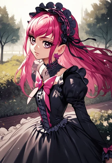 score_9, score_8_up, score_7_up, score_6_up, score_5_up, score_4_up,yes!_precure_5, 1girl, black_pantyhose, bow, dress, pantyhose, pink_hair, solo, gothic dress, gothic hairband, gdark, upper body, park