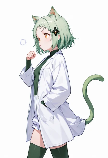 masterpiece,high quality details, absurdres,
walking pose, one hand in pocket, head slightly turned, casual stride,,
<lora:Mao_Kusagakure:0.8>
mao_cnr, 1girl, green hair, short hair,orange eyes, cat ears,cat tail,hair ornament,, o3o,, simple background, white background, from side,solo,, lab coat ,compression shirt ,bloomers, ,bridal legwear,