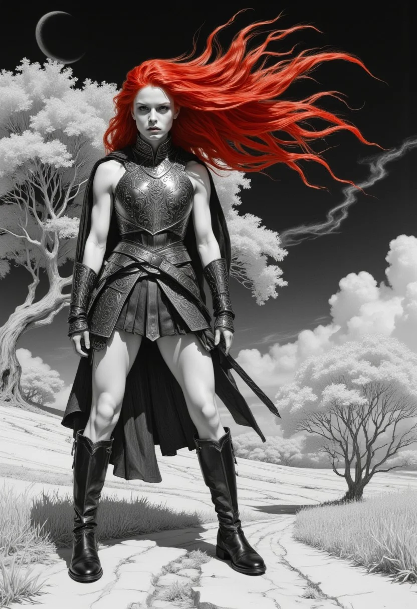This is an infrared monochrome black and white pencil drawing showcases a striking, dark fantasy aesthetic. The central figure is a young woman with pale skin and long bright red hair blowing wild in the wind Her expression is solemn and intense, she is standing in front of a lone tree with glowing white leaves, the woman has piercing eyes that seem to pierce through the viewer. She wears a heavy medieval breastplate with intricate designs and a kilt. Thigh high leather boots, The background is a dramatic and somehow surrealistic and abstract., stormy sky filled with swirling clouds, enhancing the dark, moody atmosphere. The lighting is dramatic, with stark contrasts between light and shadow, creating a high-contrast, almost ethereal effect, monochrome drawing with only the woman's hair colored red
