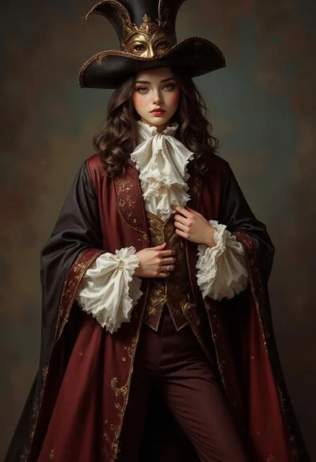 a beautiful woman dressed in 1710s versailles suit. A Historical rococo costume with a burgundy frock coat, waistcoat, shirt, lace cuffs, Lace Jabot Cravat, and trousers, musketeer boots, tricorn hat ,long haircut, wearing a masquerade mask