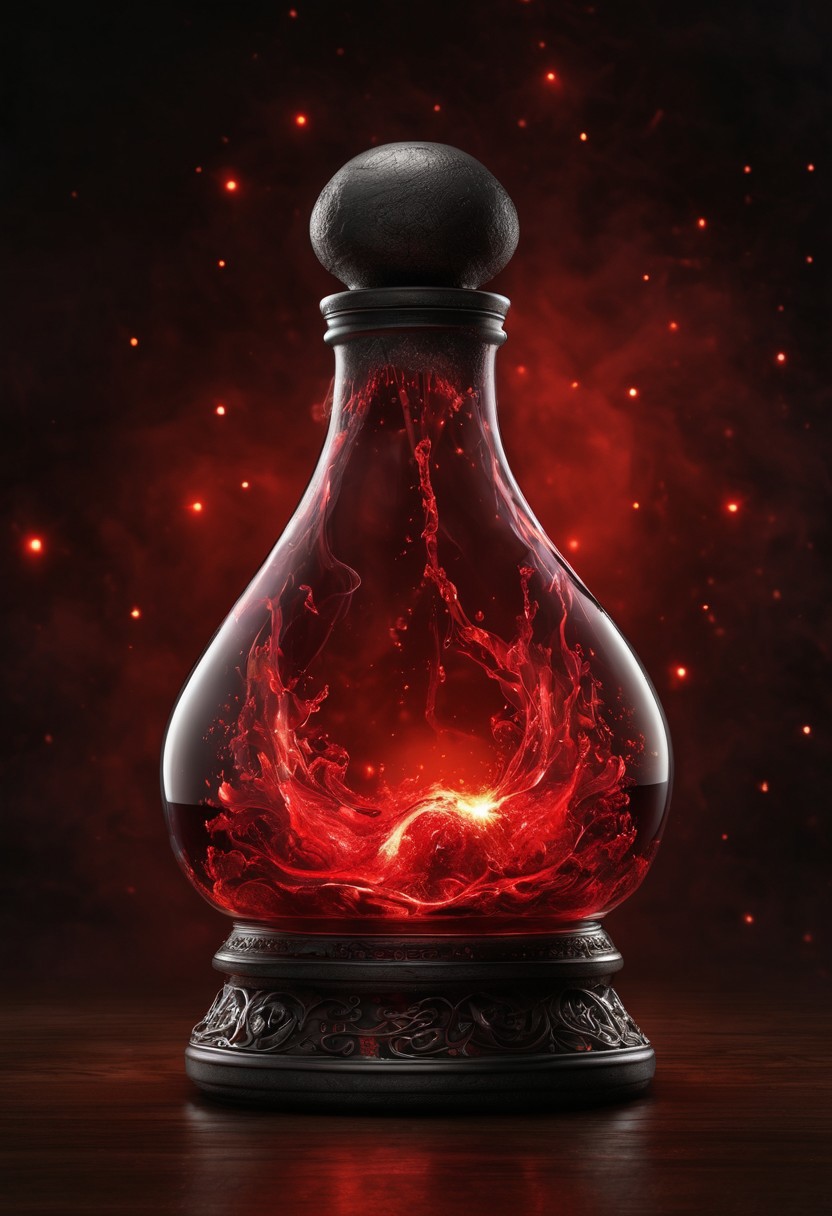 Score_9, Score_8_up, Score_7_up, Score_6_up, Score_5_up, Score_4_up, high_def, highest quality, 4k, best quality, masterpiece, no humans, object focus, focused, defined, (Photorealistic magic potion:1.3), intricate glass bottle, elixir, red colors, grey colors, black gues , bubbling, ethereal light, flashy lights, magic lights, luminous, dynamic reflections, magical aura, highly detailed, fantasy essence, glowing particles, radiant aura, A3THER