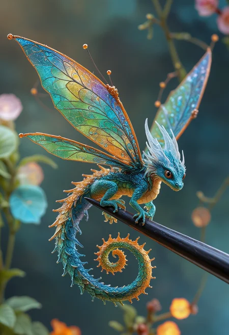 A highly detailed scene of a micro miniature fairy-like dragon perched on a tip of a needle, The dragon has vibrant iridescent wings with intricate patterns, its body are delicate and slender, dragonfly-like creature, glowing translucent scales that shimmer in shades of blue and green and orange, the dragon's expressive eyes and tiny claws are meticulously crafted, whimsical and magical appearance, The background is softly blurred, enchanting creatures, dreamy and otherworldly atmosphere, <lora:MJ52:0.5>
