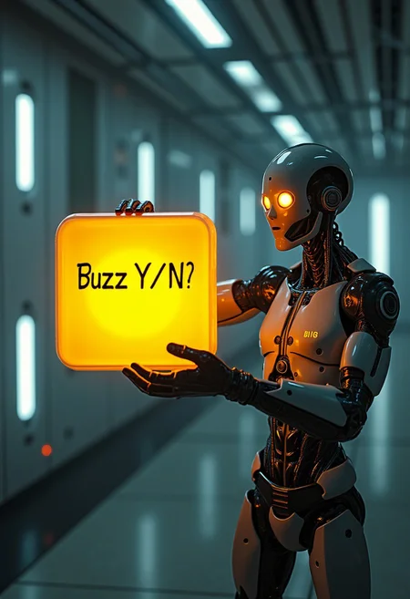 Highly detailed realistic photo. Raw photo. 8K.
A cybernetic man with glowing robotic eyes is standing.
(((he is poking a very large semi transparent square shaped object that is floating in mid air.)))
The object is glowing yellow.
(((The object is semi transparent.)))
The object has the words "Buzz (Y / N)?"
He is looking at the camera with glaring eyes.
Indoors.
Realistic photo. High resolution.