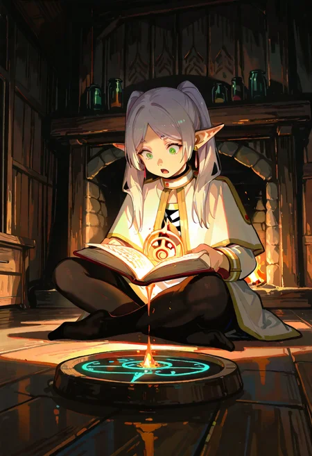masterpiece, best quality, ultra-HD, volumetric lighting, absurdres, lowlighting , realistic body, highres, absurdres, full_body,   
1girls, frieren, green eyes,Frieren indoors, sitting on floor, reading floating spellbook, mixing potions, glowing runes on floor, wooden cabin, fireplace, herbs hanging, magic circles on walls, shocked,surprised, , looking down, open_mouth,  black_pantyhose, no_shoes,  <lora:people's_work:1>  <lora:USNR STYLE_XL_lokr:1>