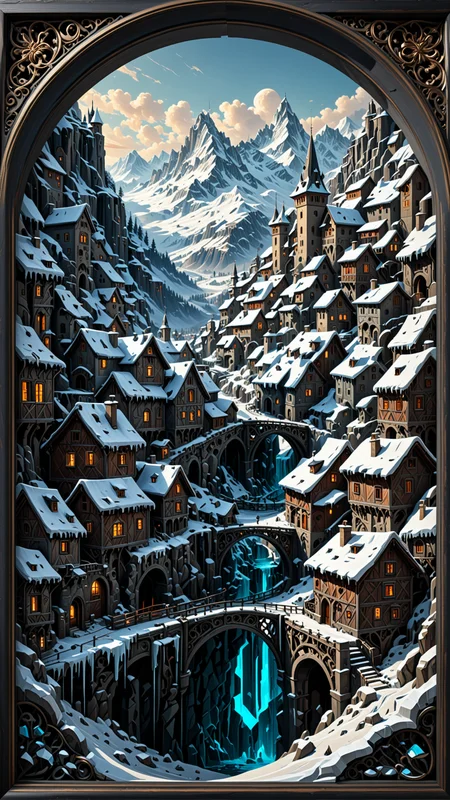 close-up macro view of a breathtaking winter landscape of a medieval village hidden in the Swiss Alps, ice sculpture style, (masterpiece:1.4),(best quality:1.4),(intricate details:1.4),high line detail,bold lines, iridescent colors,filigree,vibrant details,(expansive view:1.4),(clear outlines:1.4),(ultra detailed:1.4),64K resolution blade runner, (high contrast:1.4),award winning,stunning,beautiful composition,decorative,highly detailed,elaborate,ornate,intricate,dramatic,exuberant,grandeur,realistic,perspective,light and shadow,elegant,artstation, sharp focus,illustration,(clear outlines:1.4),clean sharp focus,high quality texture, <lora:3D_Framed_Wall_Art_-_By_DICE:1>, (Framed 3D, Snow), UHD