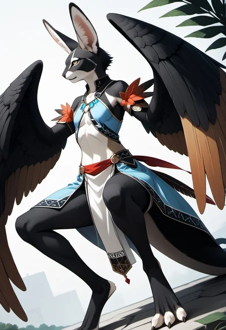 1person, Palagiri, anthro, feline features, feline nose, large ears, ((winged arms)), large wings, handfeet, digitigrade legs, long tail, tapering tail, feather-tipped tail,
Dutch angle,
Source: anime, score: 9, score: 8up,