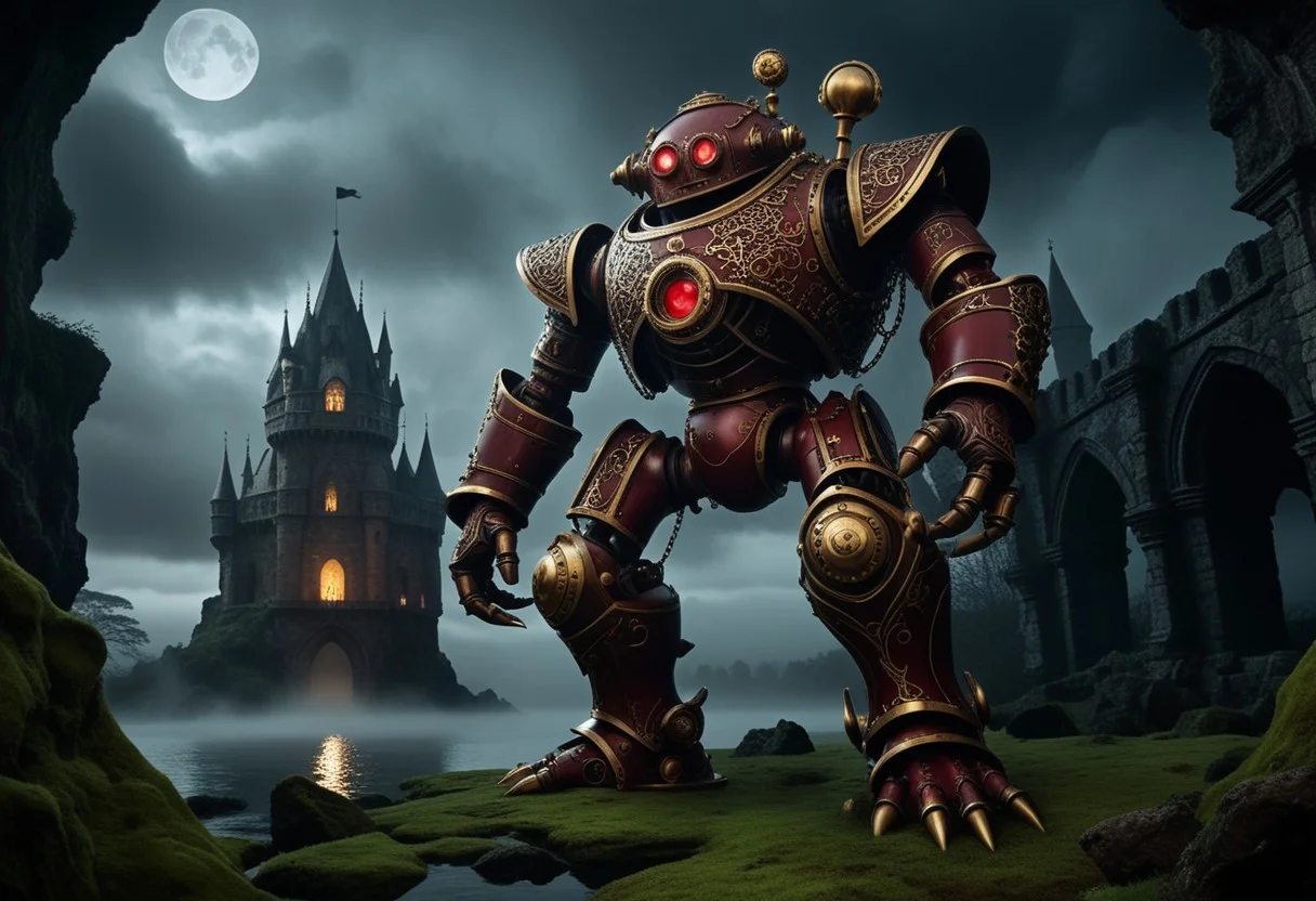 giant bipedal robot brass and dark red, bronze paisley robot. lacy robot metal. diving helmet head. outside of a steampunk keep. large detailed torso. dark image. one forty foot tall ancient robot with great arms and two heavy spring legs. dark foggy night background. $dark foggy night image only. dark photo realistic image. steampunk details. cogs, chains and pipes incorporated in the fantasy buildings. magic wizards tower in background. Dark swamp, moss, castle ruins, wizards tower. stormy dark night.  stormy sky.