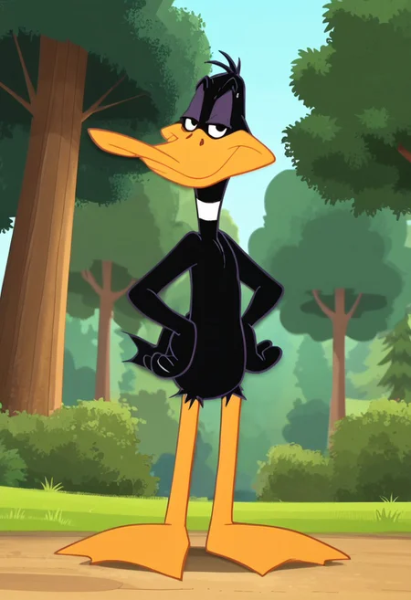 Score_7, Score_6, Daffy duck, furry male, black feathers, beak, duck, orange legs, black eyes, screencap, three-quarter view, smug, smile, low-angle view, hands on hips, outdoors, tree, grass, nature, standing, (looking at viewer:1.1), screencap, smile, perfect circle eyes, half-closed eyes, sweat droplets, wide hips, LTS style, bedroom eyes,