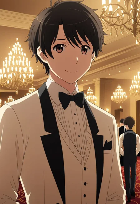 high resolution, solo, best quality, 1Boy, Inaho Kaizuka, Black Hair, Brown Eyes, luxury hotel, Ballroom, tuxedo, smile, mysterious, confident, OverallDetail