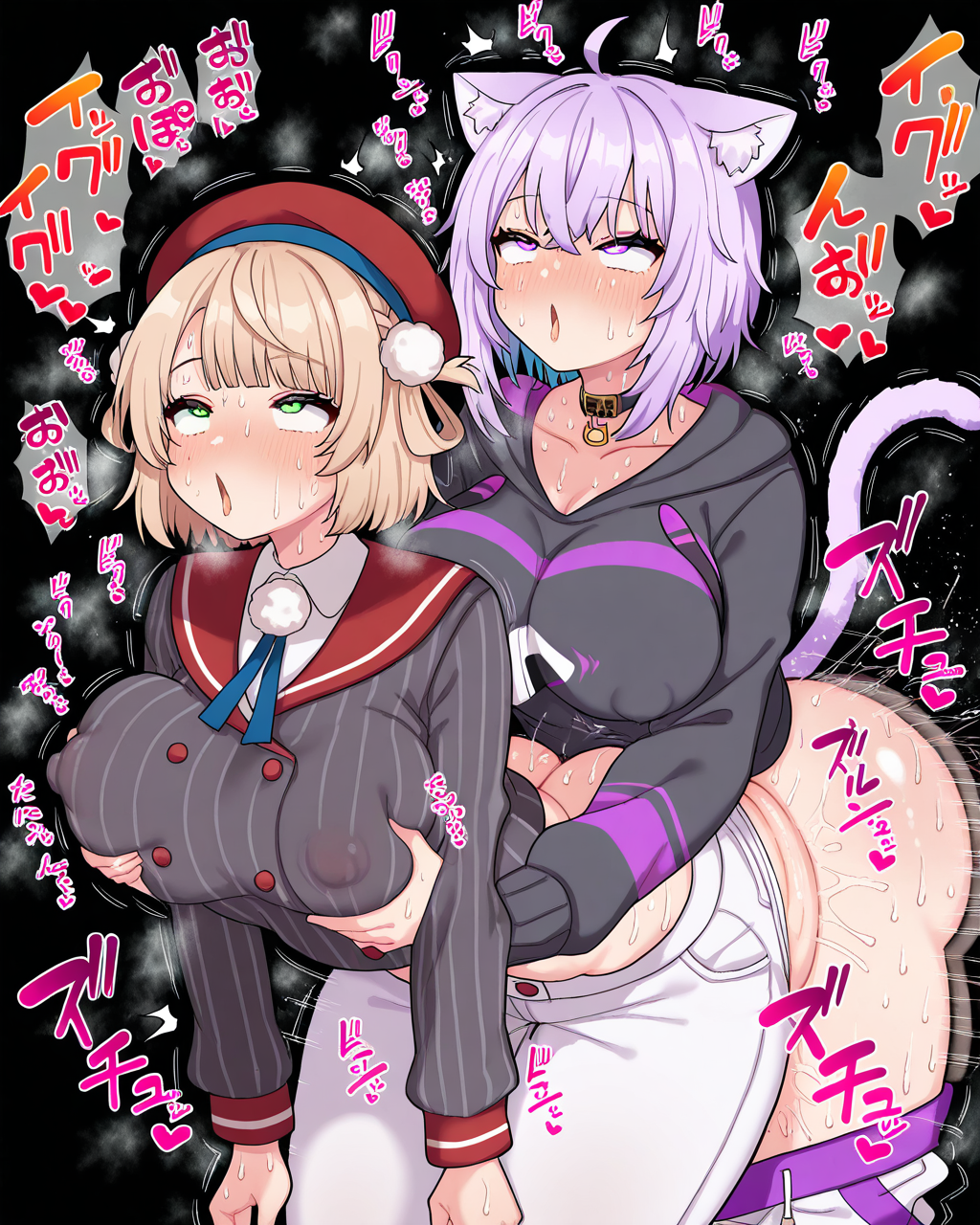 2girls, futa with female, ADDCOL, shigure ui \(vtuber\),green eyes, blonde hair, short hair,hair rings,pom pom hair ornament,beret,grey striped jacket,red sailor collar,pom pom \(clothes\),large breasts,covered nipples, ADDCOL, nekomata okayu,cat ears,purple hair,purple eyes,food print black hoodie,purple line white pants,cat tail, ADDCOL, sex from behind, breast grab, motion lines, sound effects, spoken sound effect, hotaru \(zpgk7732\), ahegao, rolling eyes, :o, sweat, steam, smell, steaming body, simple background, black background, masterpiece, best quality, very aesthetic, absurdres