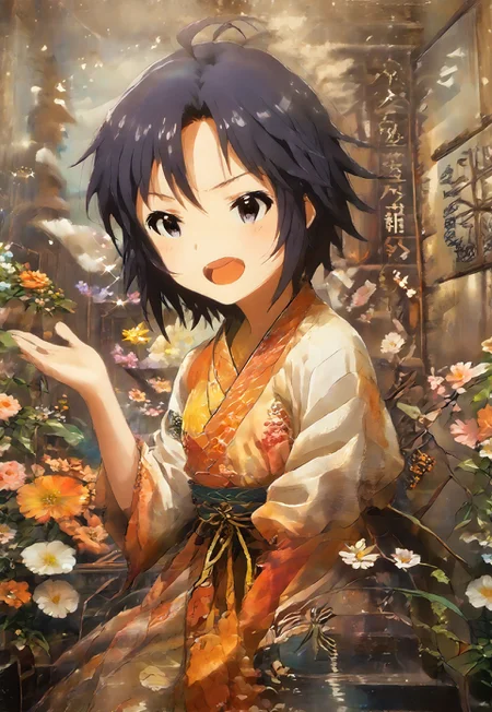 safe_pos, score_9, score_8_up, score_7_up, score_6_up, source_anime, <lora:Worldly_XL:0.9> kkcmkt, (Kikuchi Makoto:2), 1girl, solo, (singing, performing, dynamic pose:1.4), musical genius Kikuchi Makoto is performing a theatrical folk song in an old shinto temple, sharp_LASCALAE, ultra sharp focus, <lora:500SharpCivitai_Lascalae:1> open mouth, short hair, black hair, antenna hair, hair between eyes, black eyes, flat chest, small breasts, traditional clothes, traditional sandals, <lora:KikuchiMakoto_pony_v1:1.1> best_of, dark background, shadow, contrast, <lora:Best_Of_Pony_v11_Dream:1> shinto temple, interior, exterior, evening light, flower, ikebana, banzai, East Asian architecture, Japanese classical design, ethnography, 