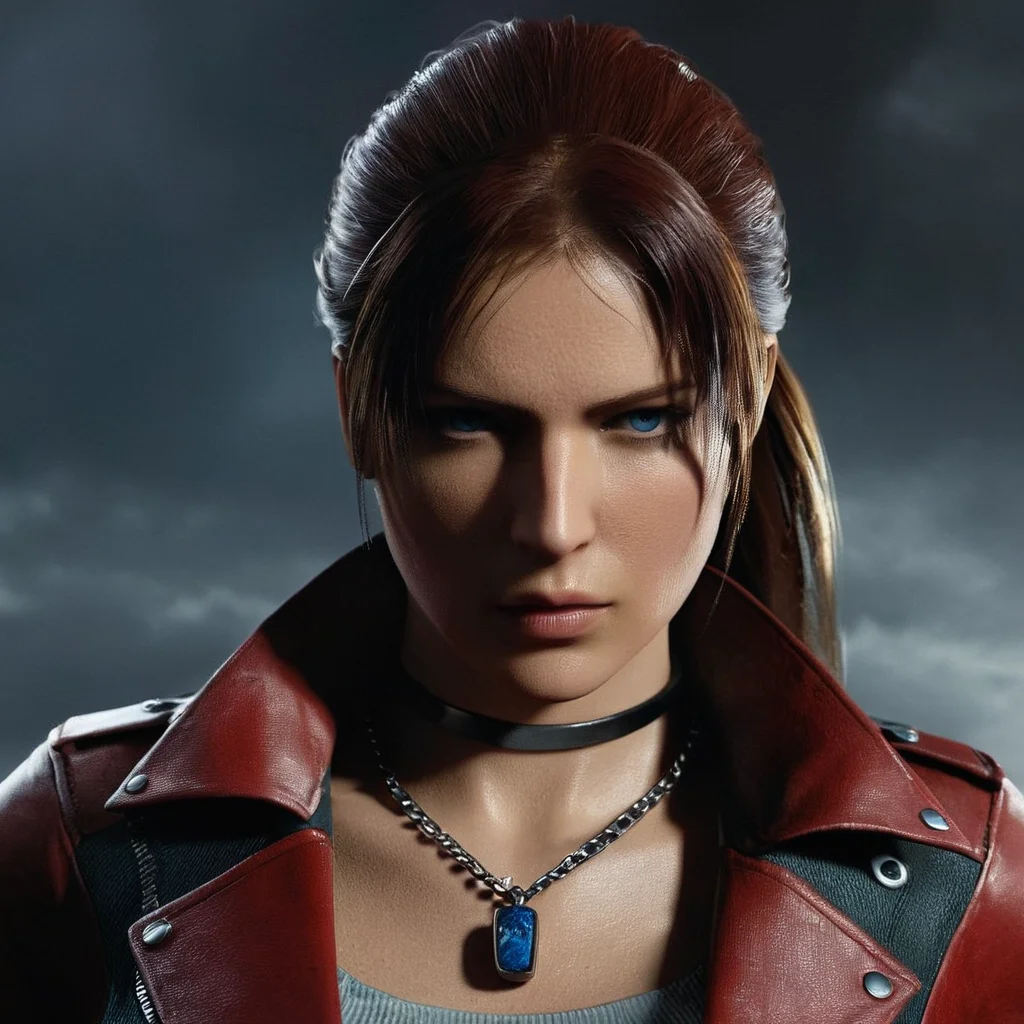 Horror-themed, cinematic film still of <lora:add-detail-xl:0.3>
<lora:detailed:0.3>
<lora:perfection style:0.3>
<lora:resident evil style:1>
<lora:Unreal Engine style:0.4>Unreal Engine style
Claire Redfield a woman in a red leather jacket and a necklace,1girl,solo,long hair,blue eyes,jewelry,jacket,ponytail,braid,red hair,necklace,bracelet,red jacket,zipper,realistic ,horror themed, sharp, detailed, epic photography, artistic, dramatic light, cinematic style, film style, resident evil style, Eerie, unsettling, dark, spooky, suspenseful, grim, highly detailed