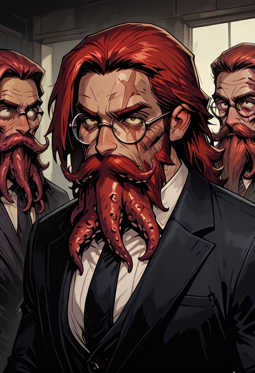masterpiece, best quality, newest, absurdres, highres, TTCSV1.0, solo, solo focus, 1boy, glasses, red hair, suit, round glasses, beard, facial hair, mustache, scar, scars on face, TB-V1.0, Tentacle beard,