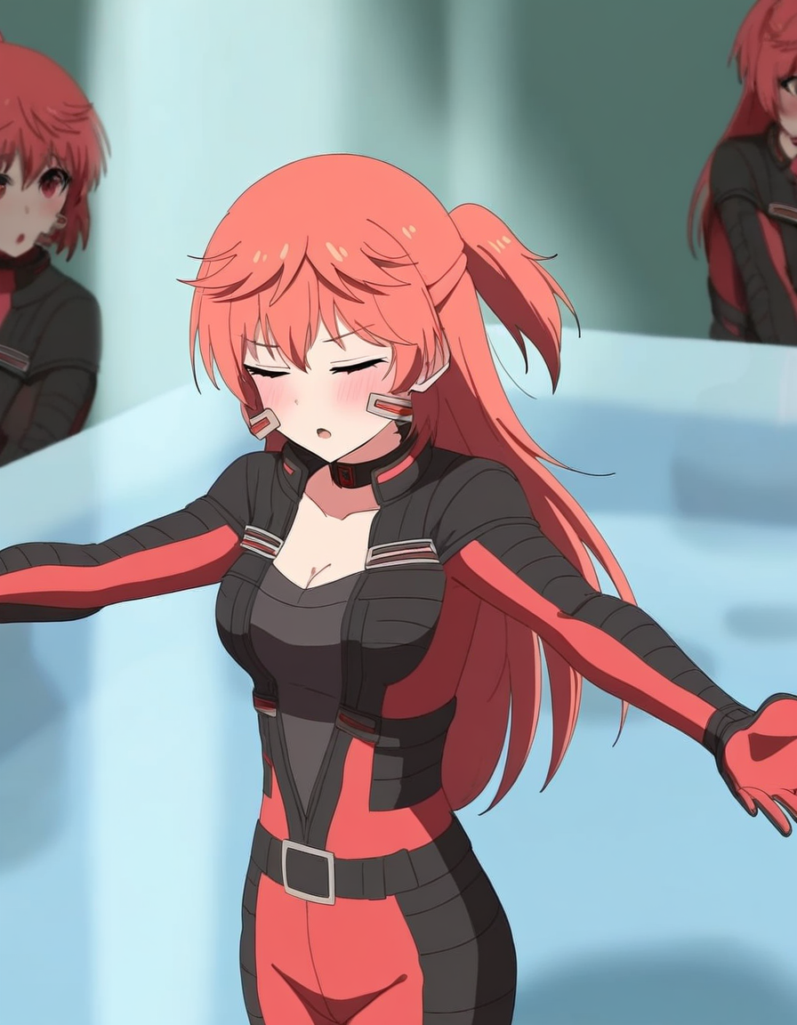masterpiece, best quality, newest, absurdres, highres, safe,, <lora:aoi-hidaka-s1-illustriousxl-lora-nochekaiser:1>, aoi hidaka, long hair, pink hair, red hair, red eyes, ponytail, short ponytail,, bodysuit, black bodysuit, red bodysuit, cleavage,, museum, art exhibit, paintings, observing, quiet contemplation, cultural experience, , sakana~ (meme), meme, aquarium, standing on one leg, palms together, fish tank, own hands together, standing, outstretched arms, closed eyes, blush, open mouth, looking at viewer, solo,, cowboy shot