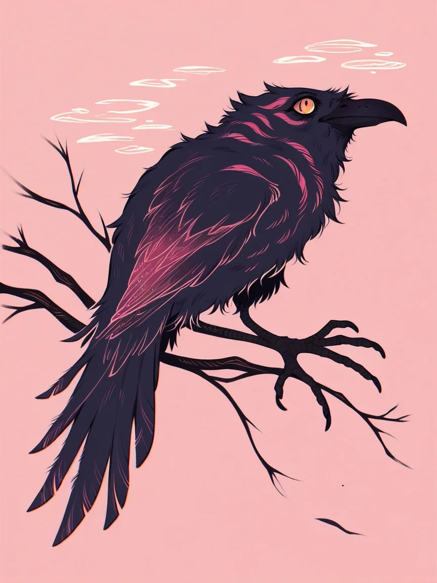 score_9, score_8_up, score_7_up, score_6_up, score_5_up, score_4_up, <lora:h3ll1shXLP2:0.7> crow, pink background, h3ll1sh,