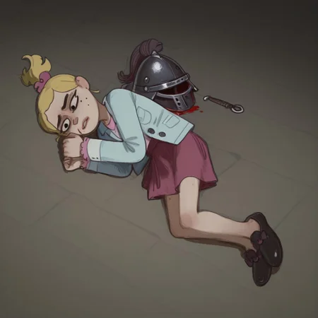 Sasha, 1girl, alone, short stature, blonde hair tied in a ponytail with a dark pink bow, mole on left cheek, light blue jacket, light pink shirt, dark pink skirt, black strap shoes
Mossastyle
Sasha sits on the floor, removing a black medieval knight's war helmet. Sad expression, hands covered in blood.