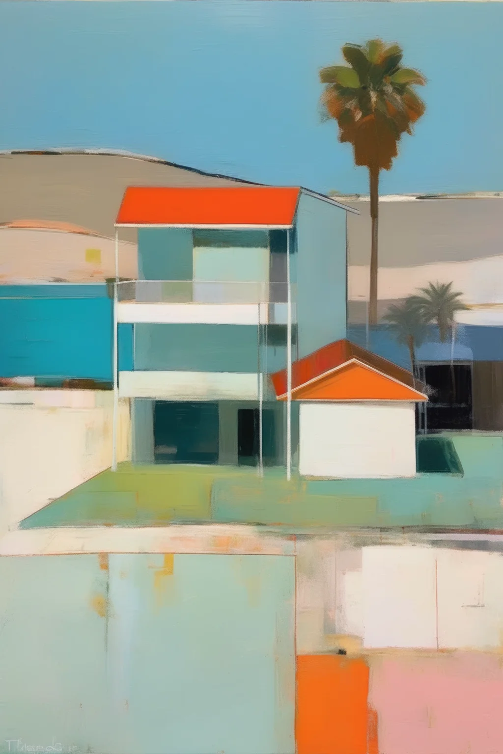 <lora:Raimonds Staprans Style:1>Raimonds Staprans Style - in the style of Richard Diebenkorn, using a vibrant Wayne Thiebaud color palette, create a simple minimalist dramatic composition of a southern California beach community painting