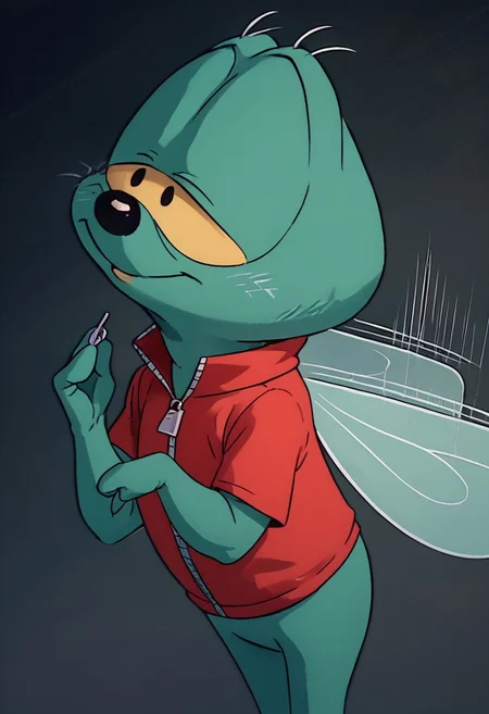 score_9, score_8_up, score_7_up, highly detailed, Zipper fly, male insect, wings, red shirt, fly wings