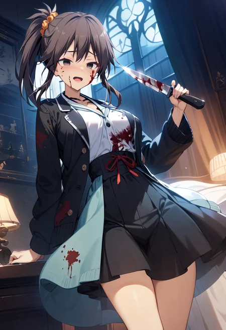 1girl, yuzuri\(memories off 8\), solo, hair scrunchie, brown hair, ponytail, one side up, indoors, :d, empty eyes, holding knife, blood on face. blood on clothes, blood on knife, masterpiece, best quality, very aesthetic, absurdres, highres, 4k, 8k, intricate detail, cinematic lighting, wallpaper, <lora:aesthetic_anime_v1s:1>, <lora:yuzuri-1.3:1>