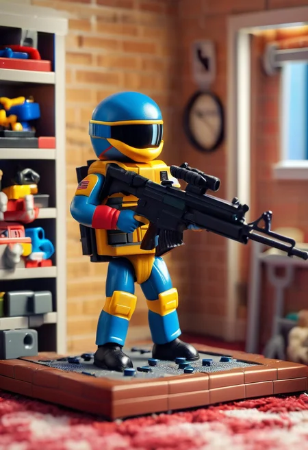 novuschroma53 style a handmade, cartoon, statue of a G.I. Joe, in combat with toys, in a boys room, full body, isometric, top down, game asset, handmade, game icon, cartoon