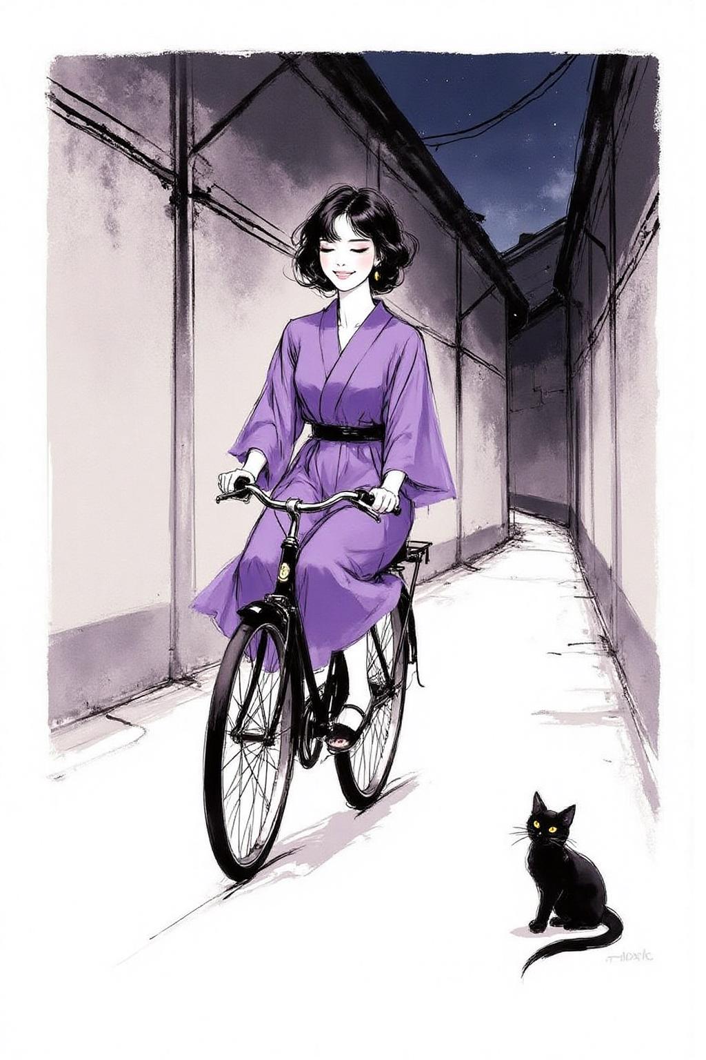 nijiwc1 Ink brush style illustration. A Japanese school girl riding a old style bicycle through a narrow, quiet street at night. The happy woman wears a simple, flowing purple dress. In the corner, a small black cat with piercing eyes sits watching her quietly. The mood is tranquil and slightly magical. The background is stark white <lora:inkwash_niji_nocap_d6a3:1.0><lora:806960862700232208:0>