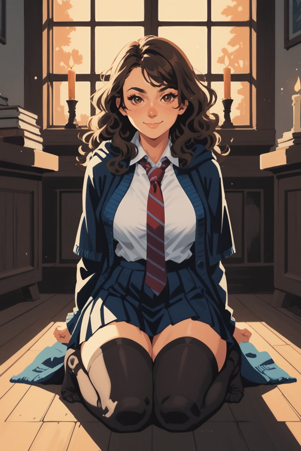 1girl, hogwarts school uniform, thighhighs, solo, necktie, school uniform, skirt, brown eyes, brown hair, long hair, looking at viewer, breasts sitting, black thighhighs, striped necktie, black skirt, shirt, smile, blurry background, wavy hair, pleated skirt, white shirt, blurry, cardigan, nose, indoors, red necktie, zettai ryouiki, large breasts, window, candle, collared shirt, black robe, curly hair, miniskirt, thighs,  , cloak, robe, artist name, clothes lift, medium breasts, closed mouth, long sleeves, light particles, kneeling, no shoes,, zPDXL3,  PnyCmicXLPOS, detailxl,  (lineless, vector art:1.5)