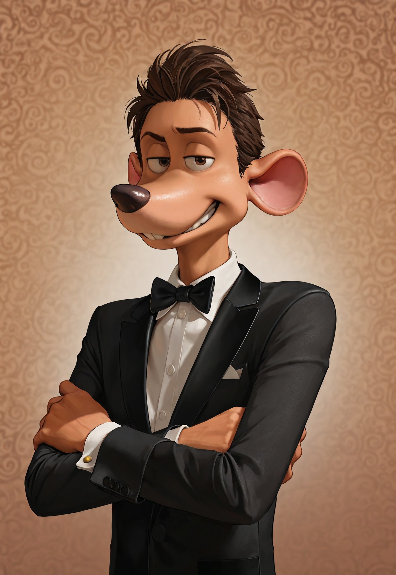 masterpiece, best quality, amazing quality, detailed background, intricate details, dynamic, cinematic, animated, anime realistic shading, solo, male focus, 1boy, handsome, r0bby, furry, rat boy, brown hair, brown eyes, upper body, tuxedo, bowtie, flirting with viewer, smug, crossed arms, abstract background, dutch angle