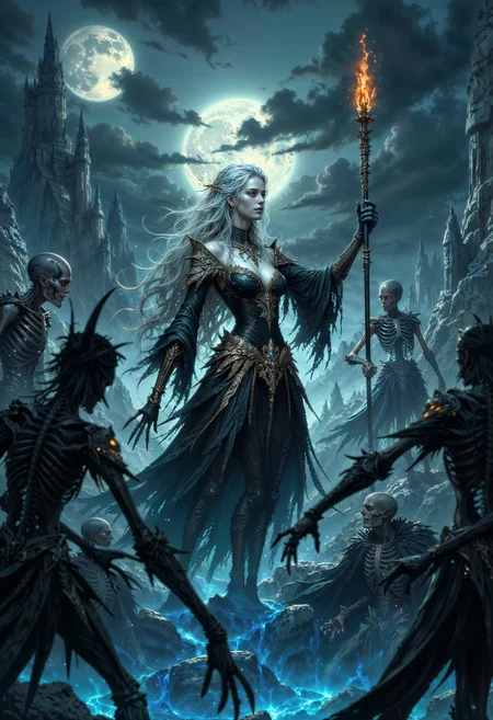 a dark, mystical scene. The central figure is a woman with pale skin and long, flowing hair, wearing an elaborate, gothic-style black dress with intricate details. She holds a staff with a glowing, fiery tip in one hand, and her expression is intense and commanding. Surrounding her are several skeletal figures, positioned in various poses, adding to the eerie atmosphere. The background is a desolate landscape with jagged, ruined structures under a full moon, casting a blue, ethereal light over the scene. The overall color palette is dominated by shades of blue and black, enhancing the mysterious and supernatural theme of the artwork.
<lora:FluxMythP0rtr4itStyle:0.6> <lora:Midjourney_Dreamlike_Fantasy_FLUX_LoRA:0.6> <lora:Elden_Ring_-_Yoshitaka_Amano:0.33>