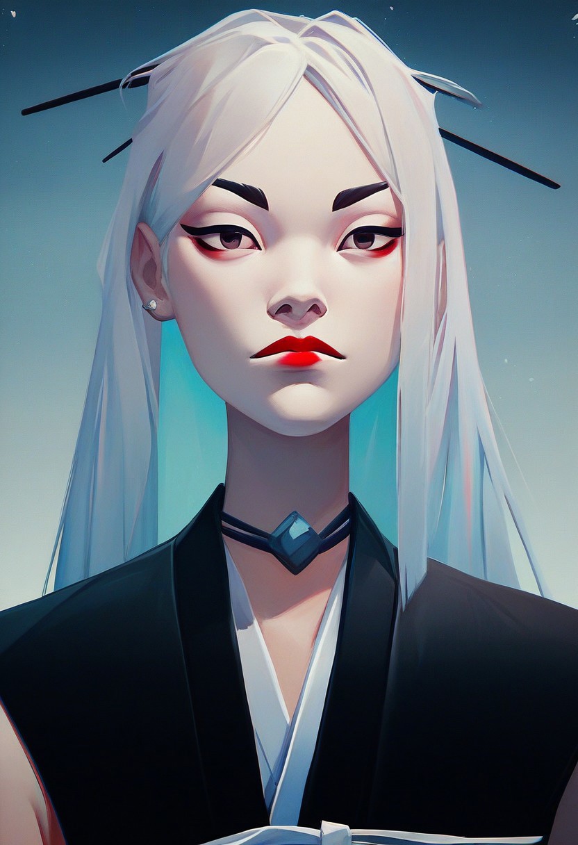 score_9,score_8_up,score_8,score_9,(((pastel colors, high contrast,expressiveh,solo focus, ))), (1girl, standing, looking at viewer)  rimlight, asian, Kuroku, Japanese clothes, black clothes, one arm sleeveless, white hair, red lipstick, hair ornament, museum background, white sash,
