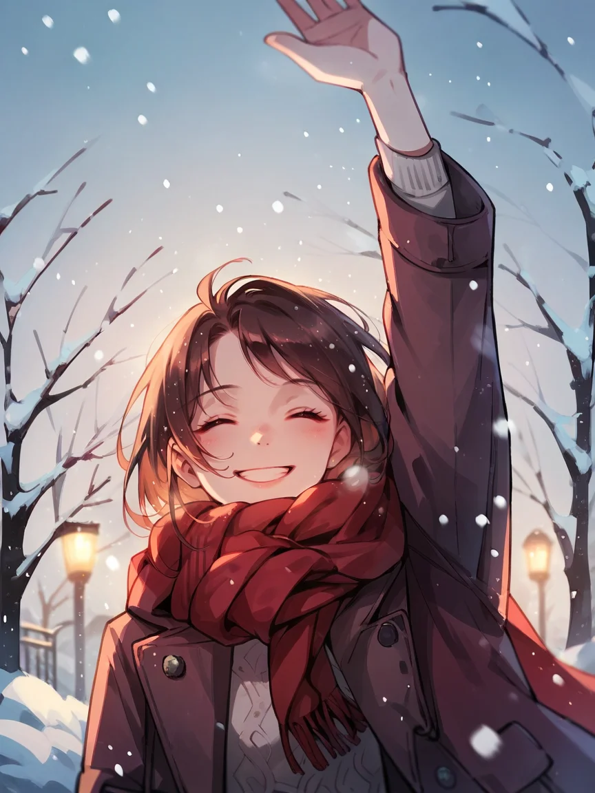 score_9, score_8_up, score_7_up, score_6_up, score_5_up,   <lora:snowXLP:0.8> 1girl, scarf, solo, red scarf, closed eyes, smile, outdoors, arm up, winter, sweater, snowing, tree, snow