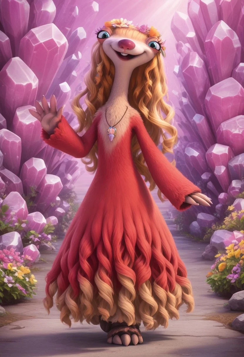 furry, anthro, female sloth, ground sloth, blue eyes, blonde hair, long wavy hair, red fur, red fur dress, blonde fur on upper body, two-toned fur, pink nose, buckteeth, hair ornament, white claws, long neck, no ear, score_9, score_8_up, score_7_up, BREAK, 1girl, solo, looking at viewer, cute, smiling, smug, walking, waving at viewer, female focus, looking at viewer, pink crystal background, detailed background, 4k, masterpiece, best quality, highly detailed, realistic, full shot