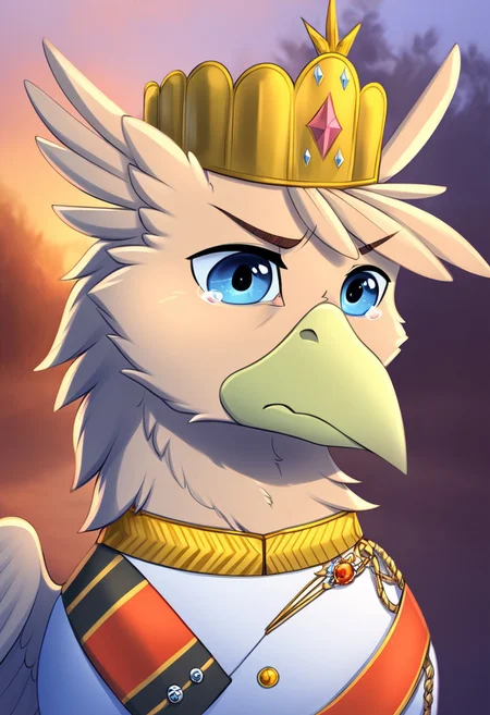 masterpiece, score_9_up, score_8_up, score_7_up, score_6_up, source_furry, (best quality:1.1), ultra-detailed, high resolution, solo, highly detailed macro illustration, Grover_VI, griffon, feral, avian, beak, male, eyebrows, blue eyes, feathers, wings, feathery ears, cute expression cute face, military royal clothes, kaiser crown, wavy mouth, closed mouth, tearing, cry, black drees BREAK Outdoors, forest in the background, BREAK Highly Visible, sharp focus, perfect lighting, anatomically correct, extremely detailed, high detail, Expressiveh, detailed background