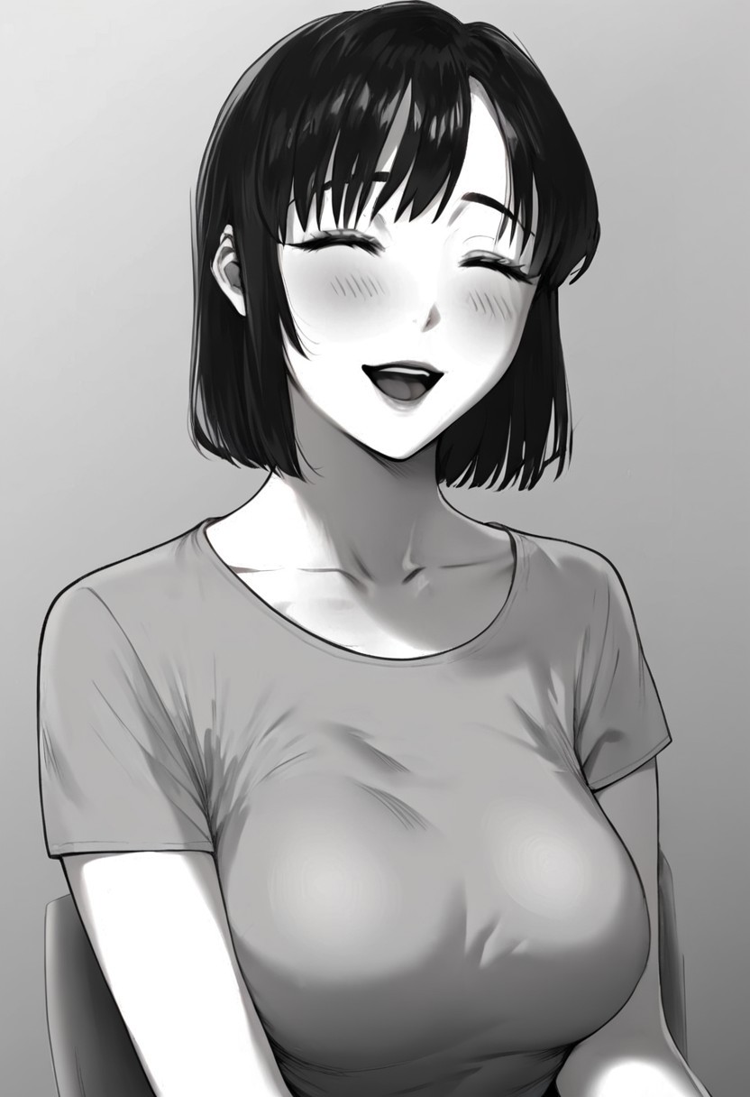 score_9_up, score_8_up, score_7_up, high quality image, masterpiece, source_anime, aimi, 1girl, greyscale, monochrome, breasts, solo, large breasts, open mouth, looking at viewer, shirt, short sleeves, collarbone, blush, bangs, smiling, closed eyes